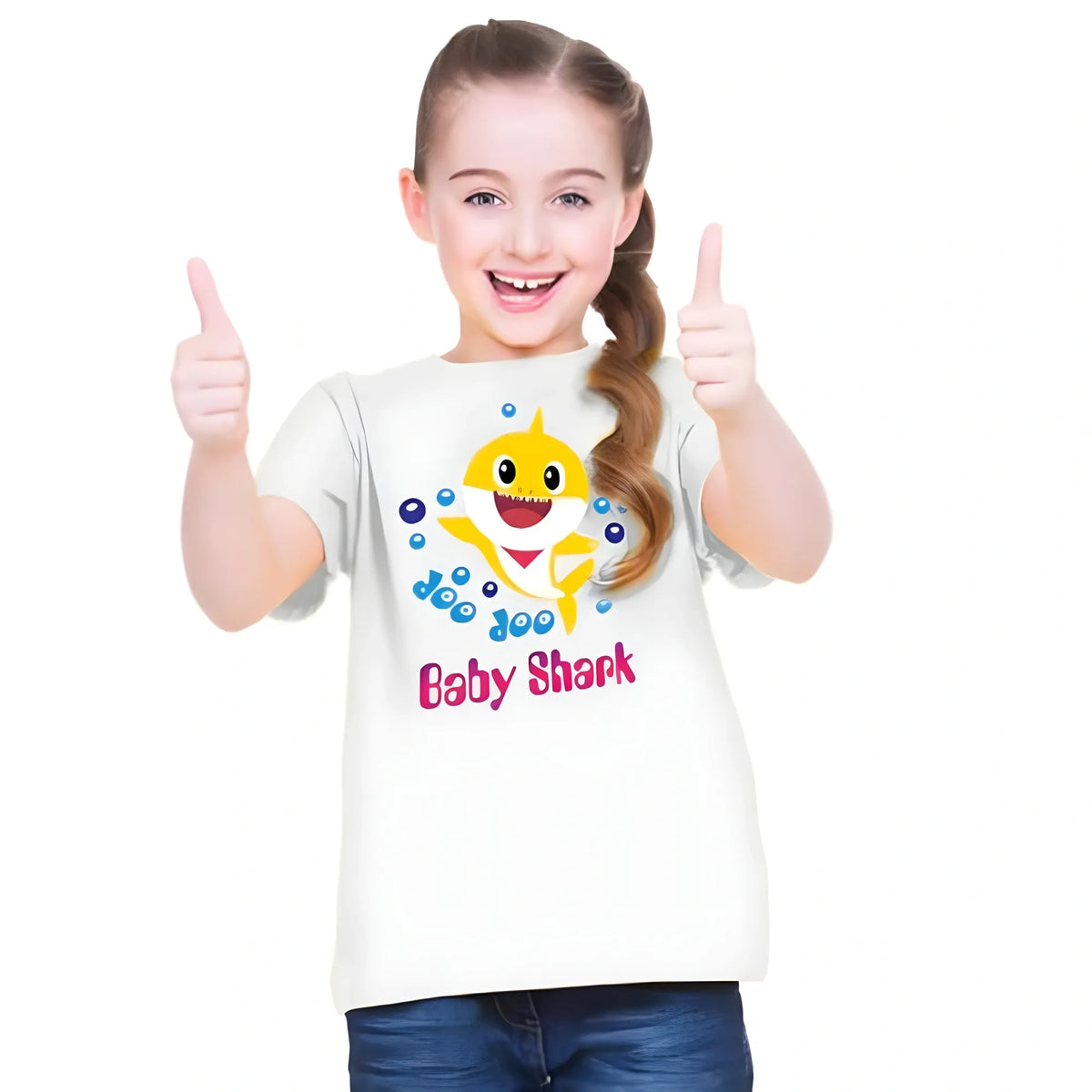 Girls Cotton Baby Shark Half Sleeve TShirt (White)