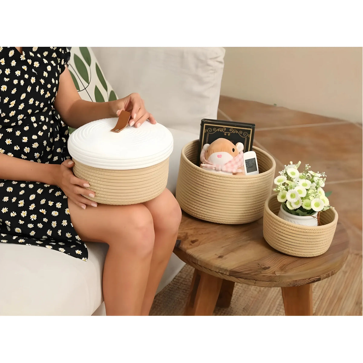 Cotton 3 Pcs Set Roti Box Storage Basket With Lid (Beige-White)