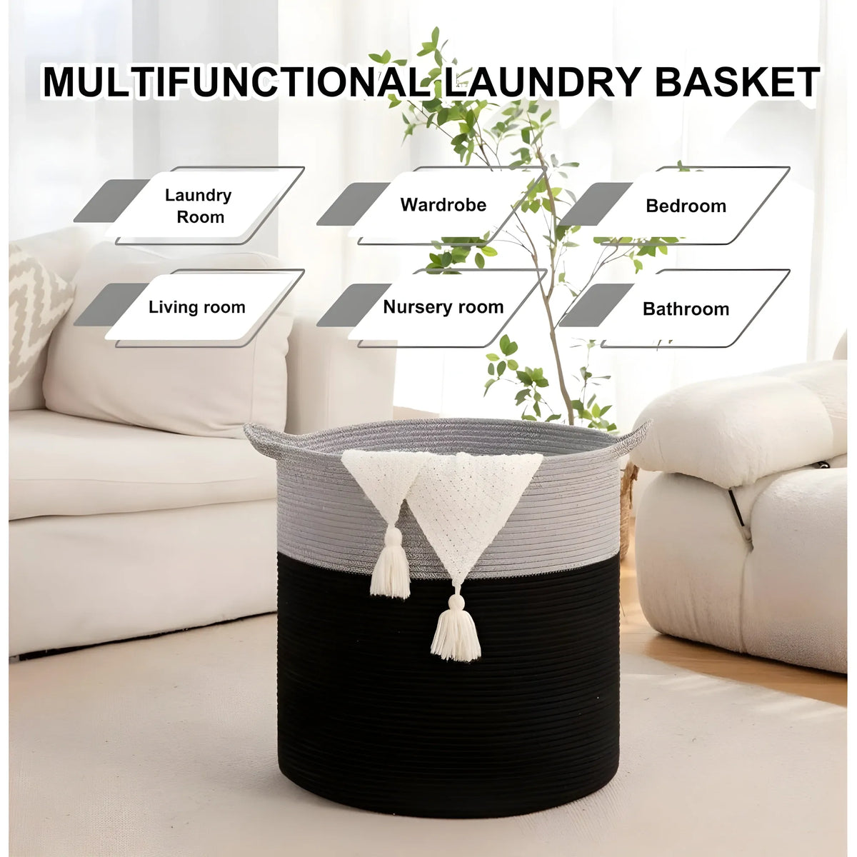 Cotton 12x14 Inch-1 Pcs Storage Basket For Clothes With Out Lid (Gray-Black)