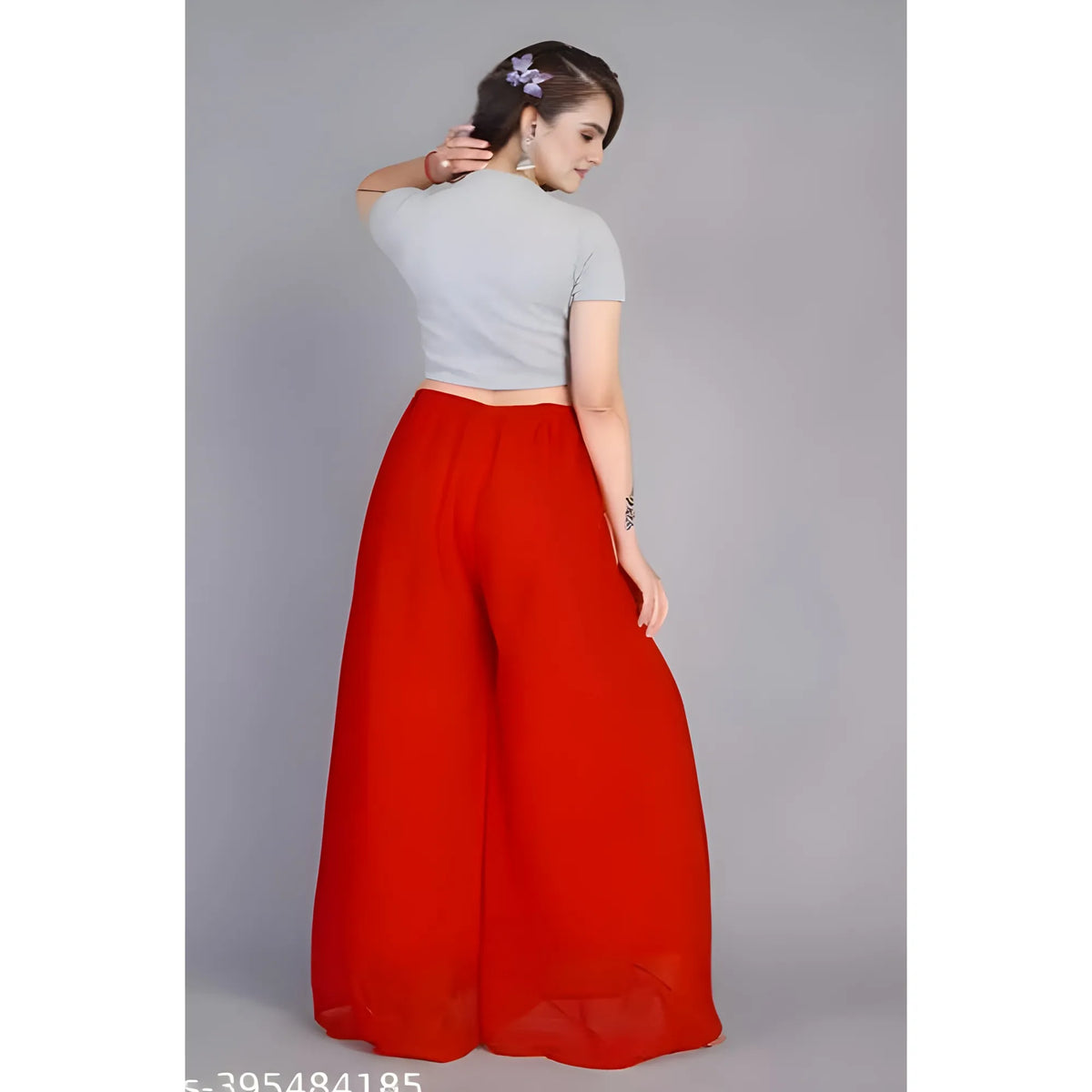 Women's Pack of 1 Georgette Solid High Rise Wide Leg Flared Palazzo with Elastic Waist (Red)