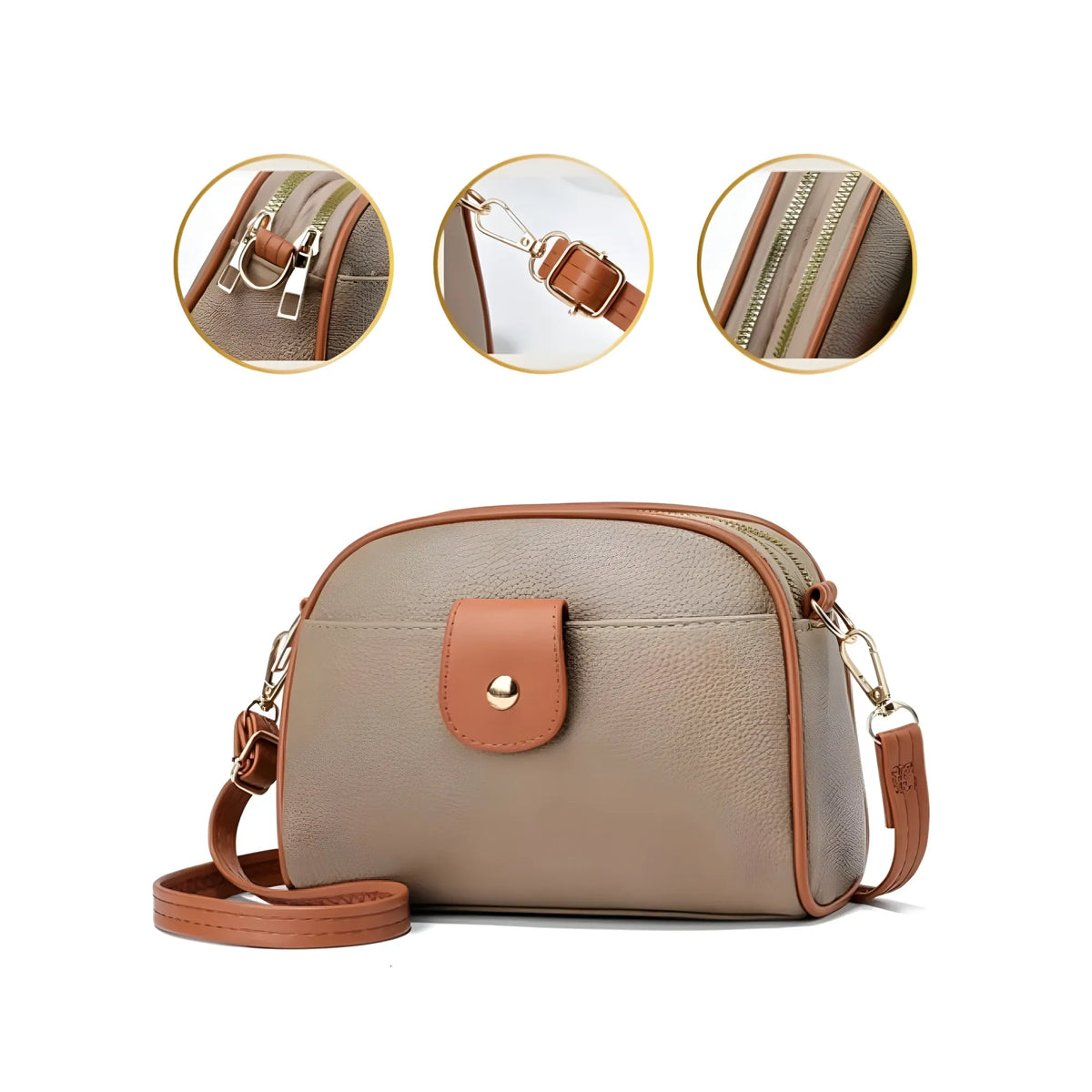 Women's PU Leather Zipper Sling Bag (Khakhi)