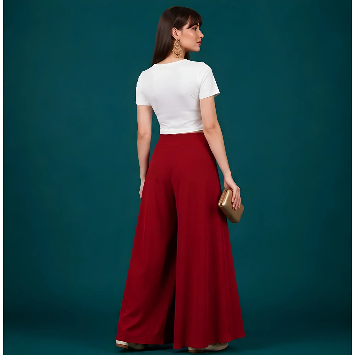 Women's Georgette Solid Mid-Rise Wide Leg Flared Palazzo with Elastic Waist (Maroon)