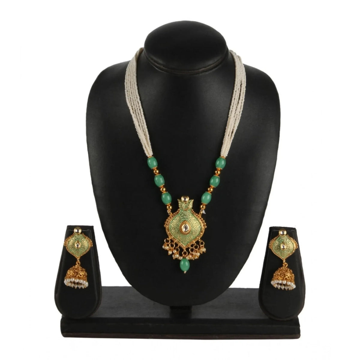 Women's Rose Gold Plated Alloy Necklace &amp; Earings Set (Green)