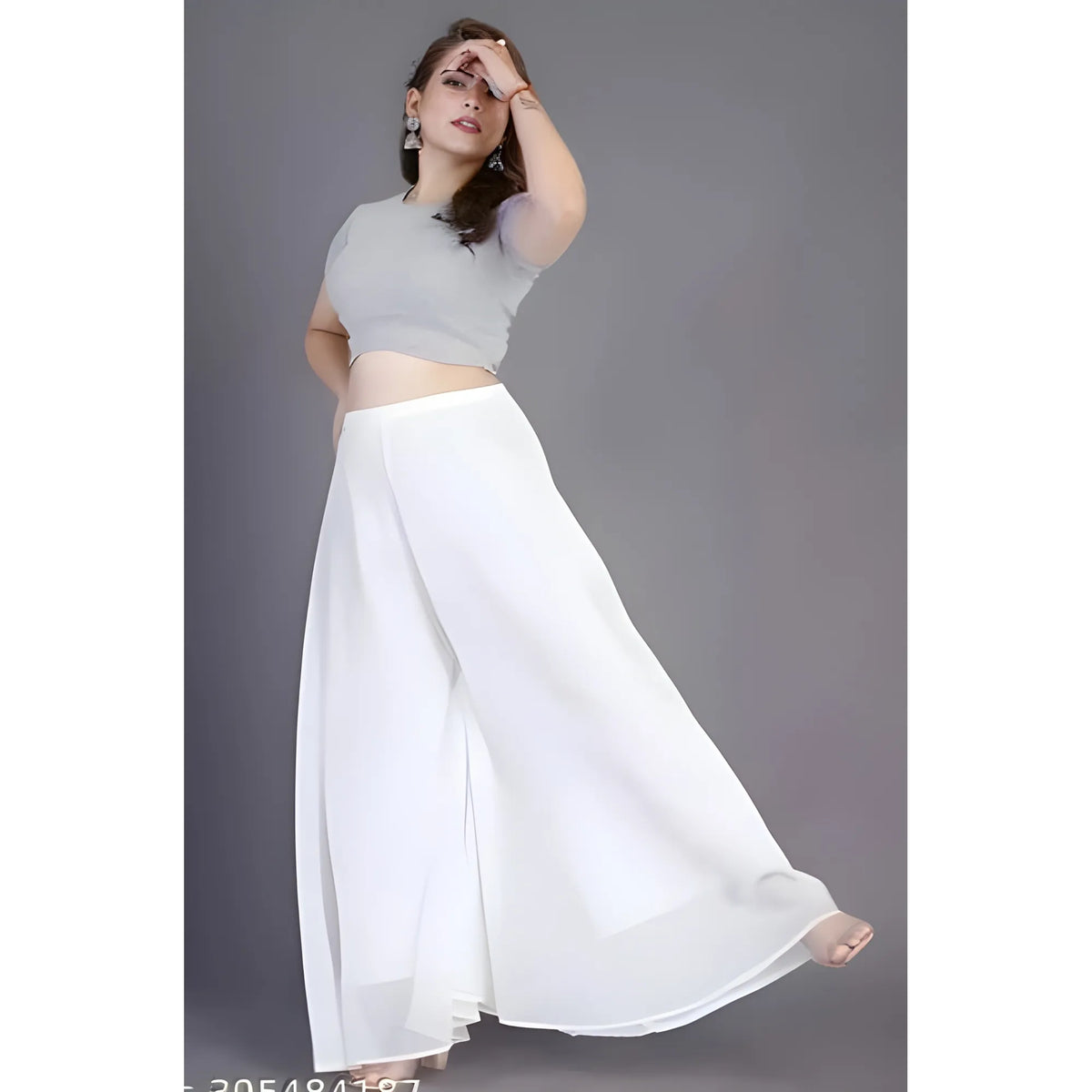 Women's Pack of 2 Georgette Solid High Rise Wide Leg Flared Palazzos with Elastic Waist (White)