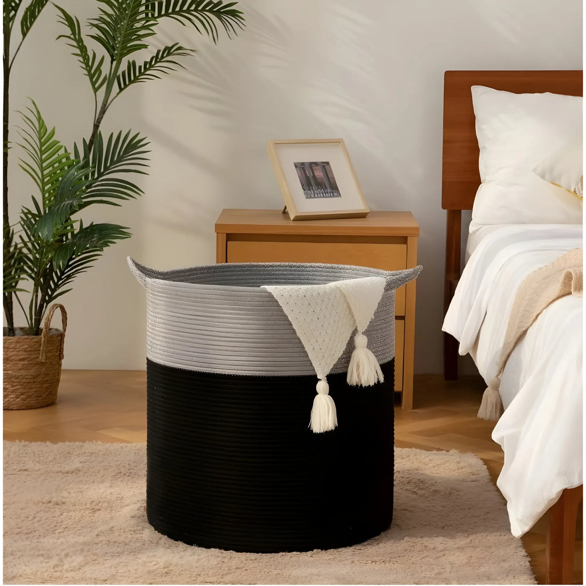 Cotton 12x14 Inch-1 Pcs Storage Basket For Clothes With Out Lid (Gray-Black)