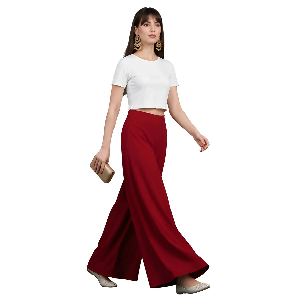 Women's Georgette Solid Mid-Rise Wide Leg Flared Palazzo with Elastic Waist (Maroon)