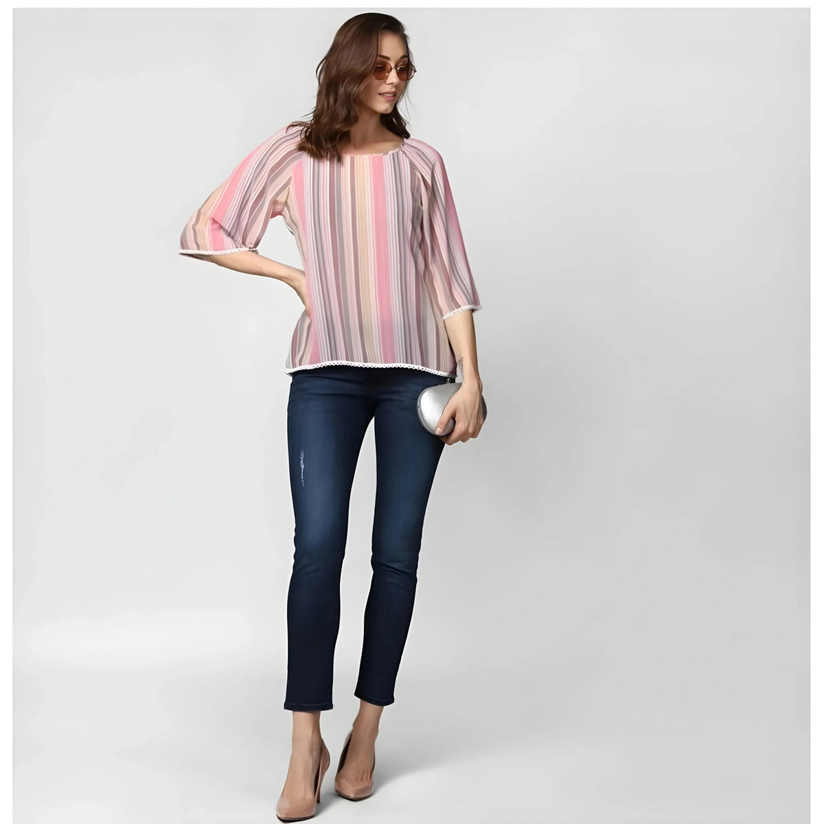 Women's Polyester Striped 3-4th Sleeves Top (Pink)