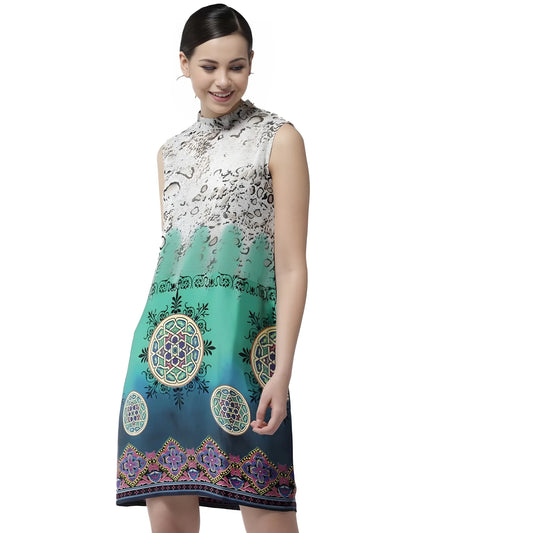 Women's Polyester Printed Sleeveless Above Knee Dress (Multicolor)