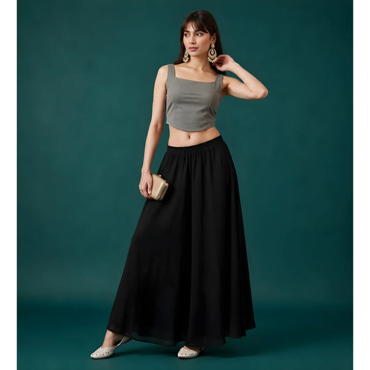 Women's Georgette Solid Mid-Rise Wide Leg Flared Palazzo with Elastic Waist (Black)