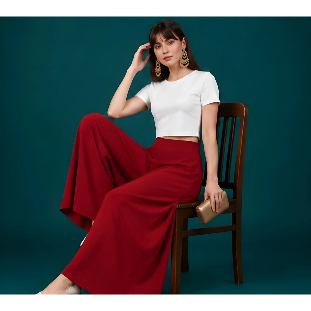 Women's Georgette Solid Mid-Rise Wide Leg Flared Palazzo with Elastic Waist (Maroon)