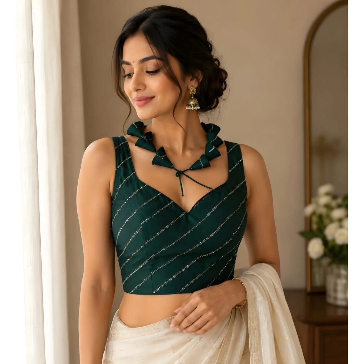 Women's Silk Embellished Sweetheart Neck Sleeveless Readymade Padded Blouse (Green, Size 38)