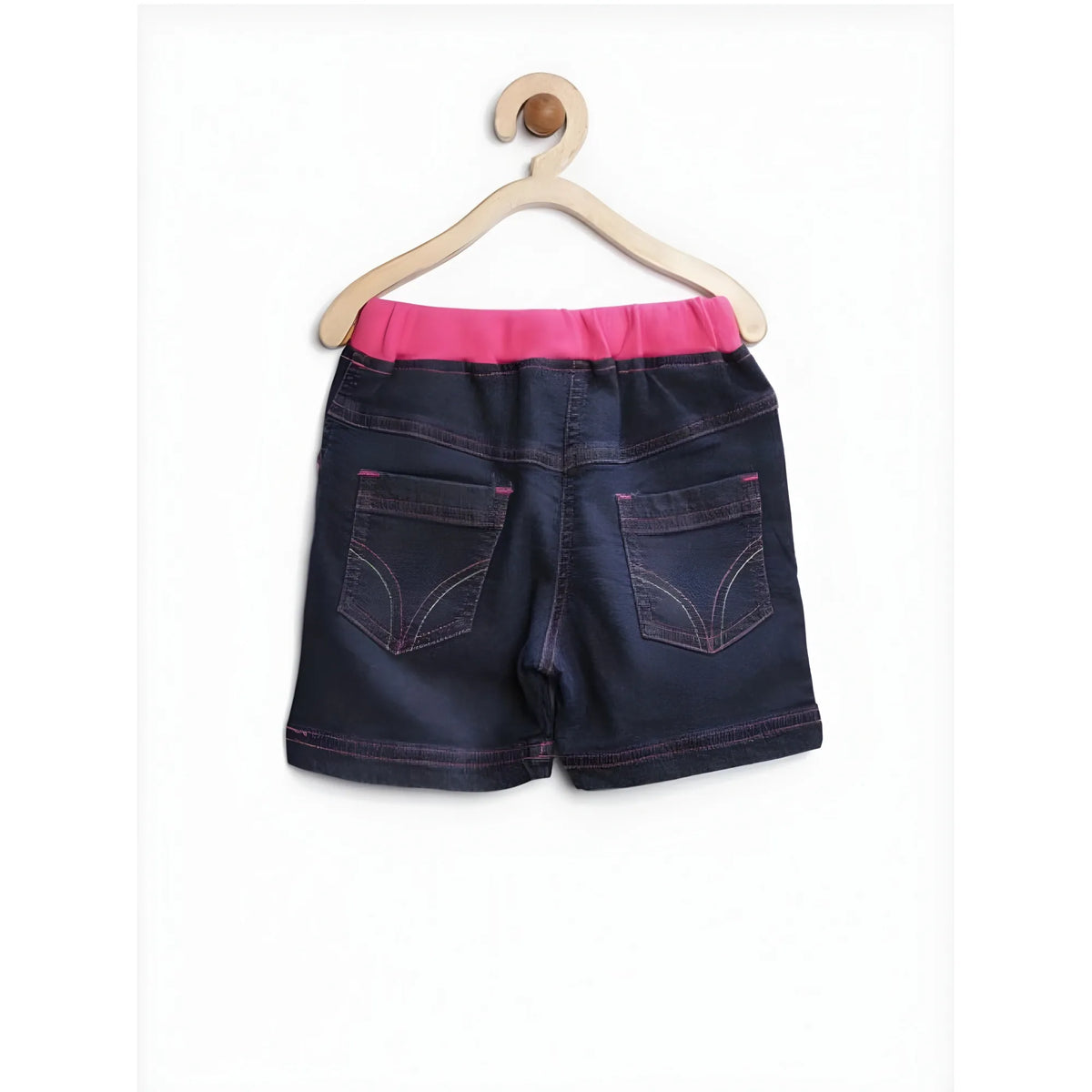 Girl's Denim Ribbed Elasticated Shorts (Pink-Blue)