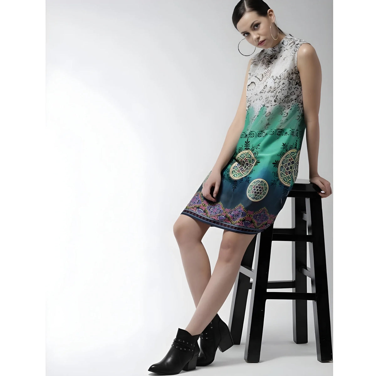 Women's Polyester Printed Sleeveless Above Knee Dress (Multicolor)