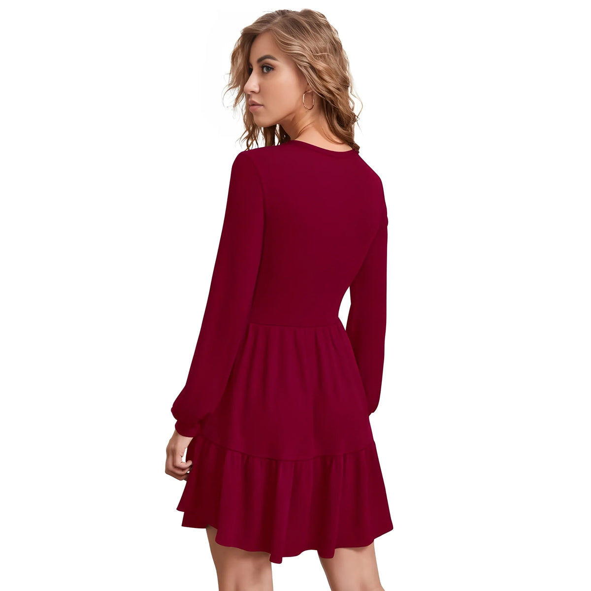 Women's Knitting stretchable Solid Round Neck Full Sleeve Dress (Maroon)