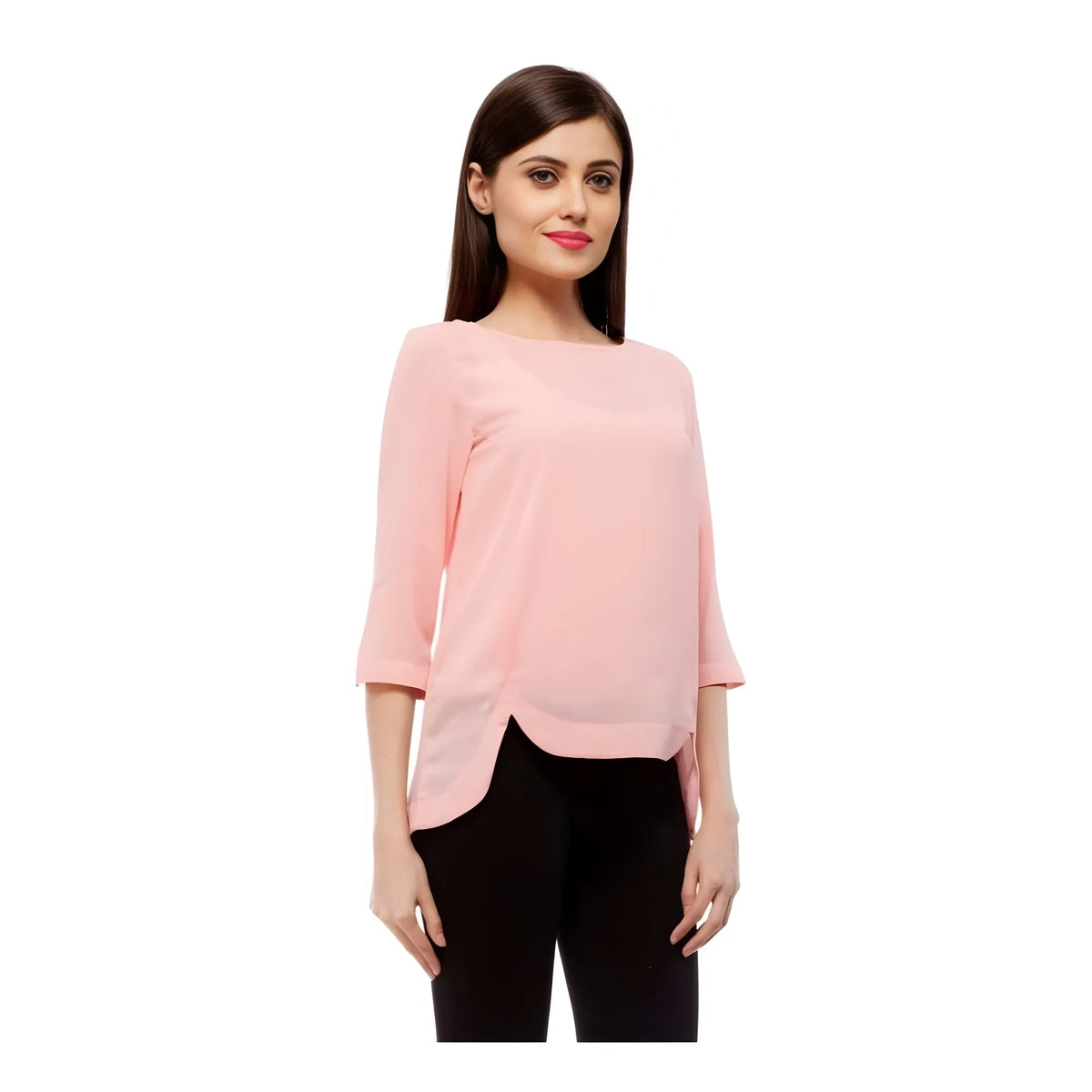 Women's Polyester Solid 3-4th Sleeves Regular Top (Peach)