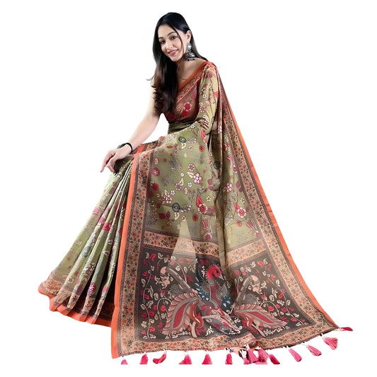 Veya Linen Printed Saree With Unstitched Blouse
