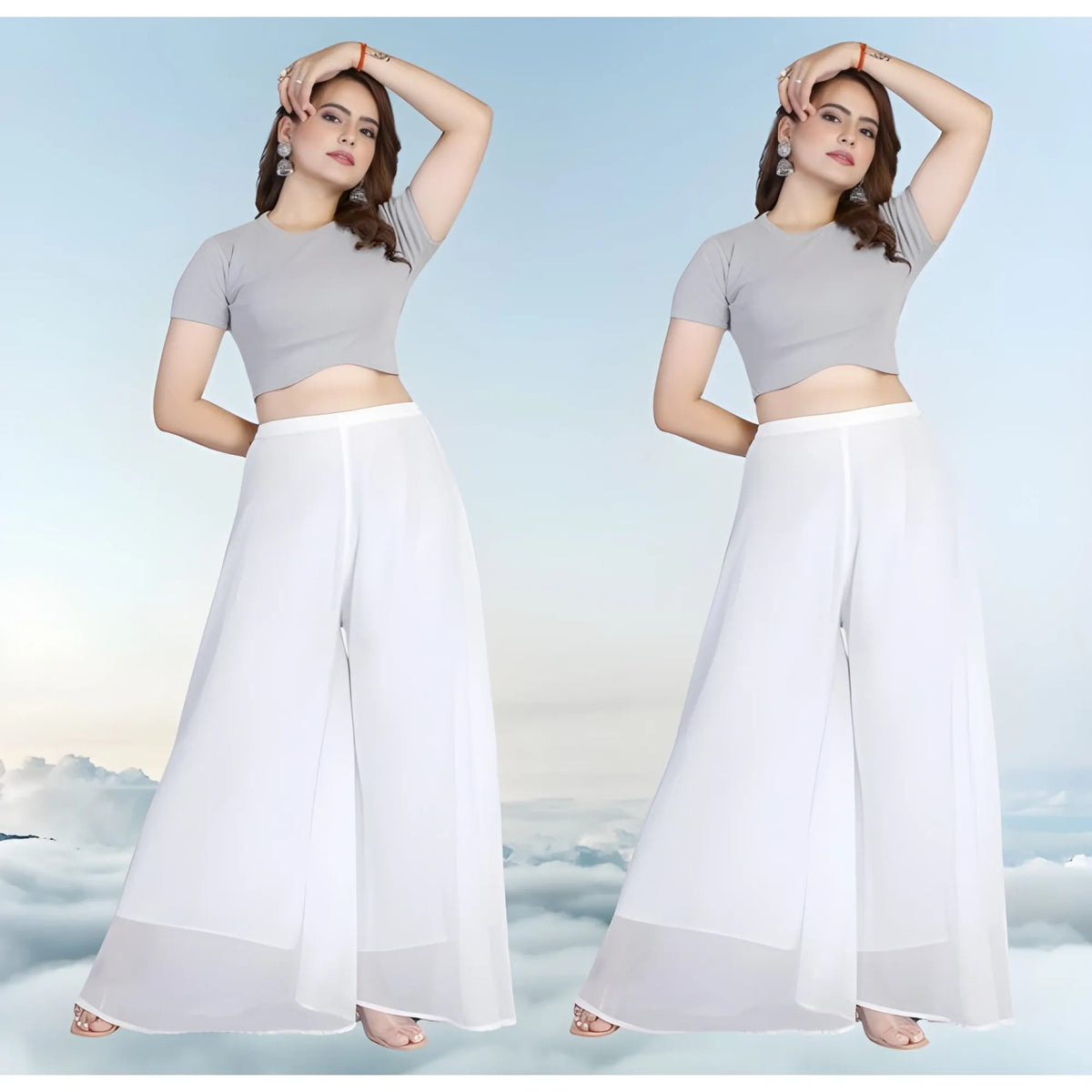 Women's Pack of 2 Georgette Solid High Rise Wide Leg Flared Palazzos with Elastic Waist (White)