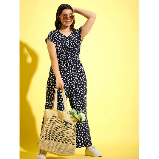 Girl's Polyester Moss Floral Short Sleeves Jumpsuit (navy White) | Kids Signature Collection