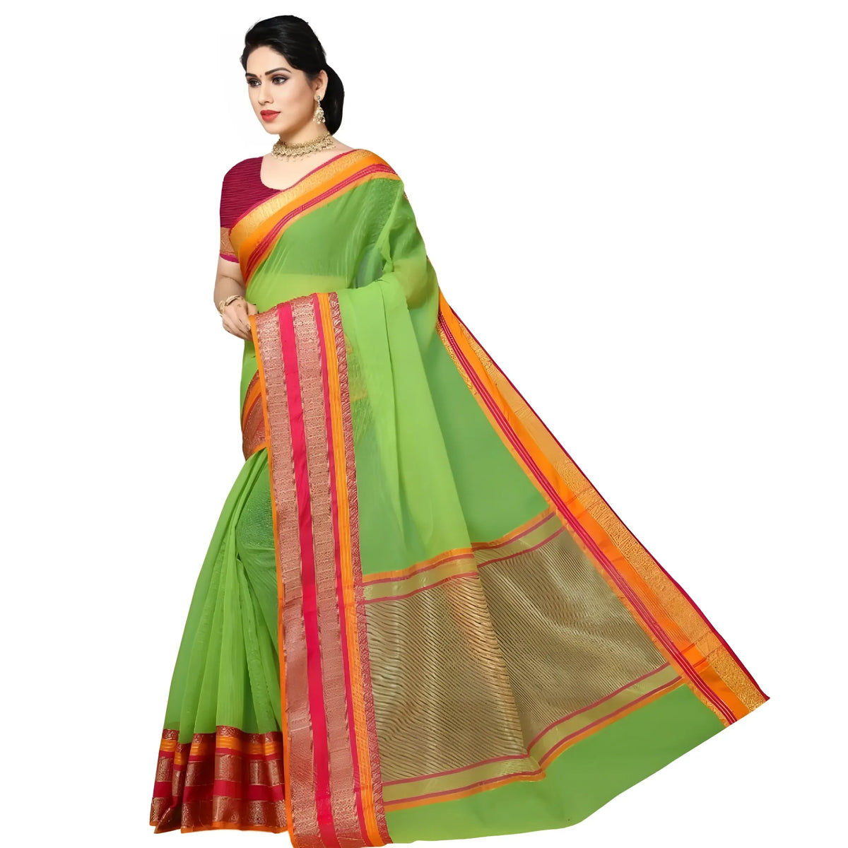 Women's Kota Doria Cotton Border Saree With Blouse (Light Green, 5-6 Mtrs)