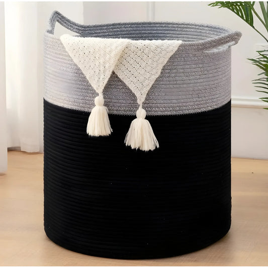 Cotton 12x14 Inch-1 Pcs Storage Basket For Clothes With Out Lid (Gray-Black)