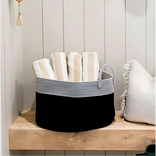 Cotton Pack Of_1 14x12 Inch Laundry Storage Basket For Clothes (Grey-Black)