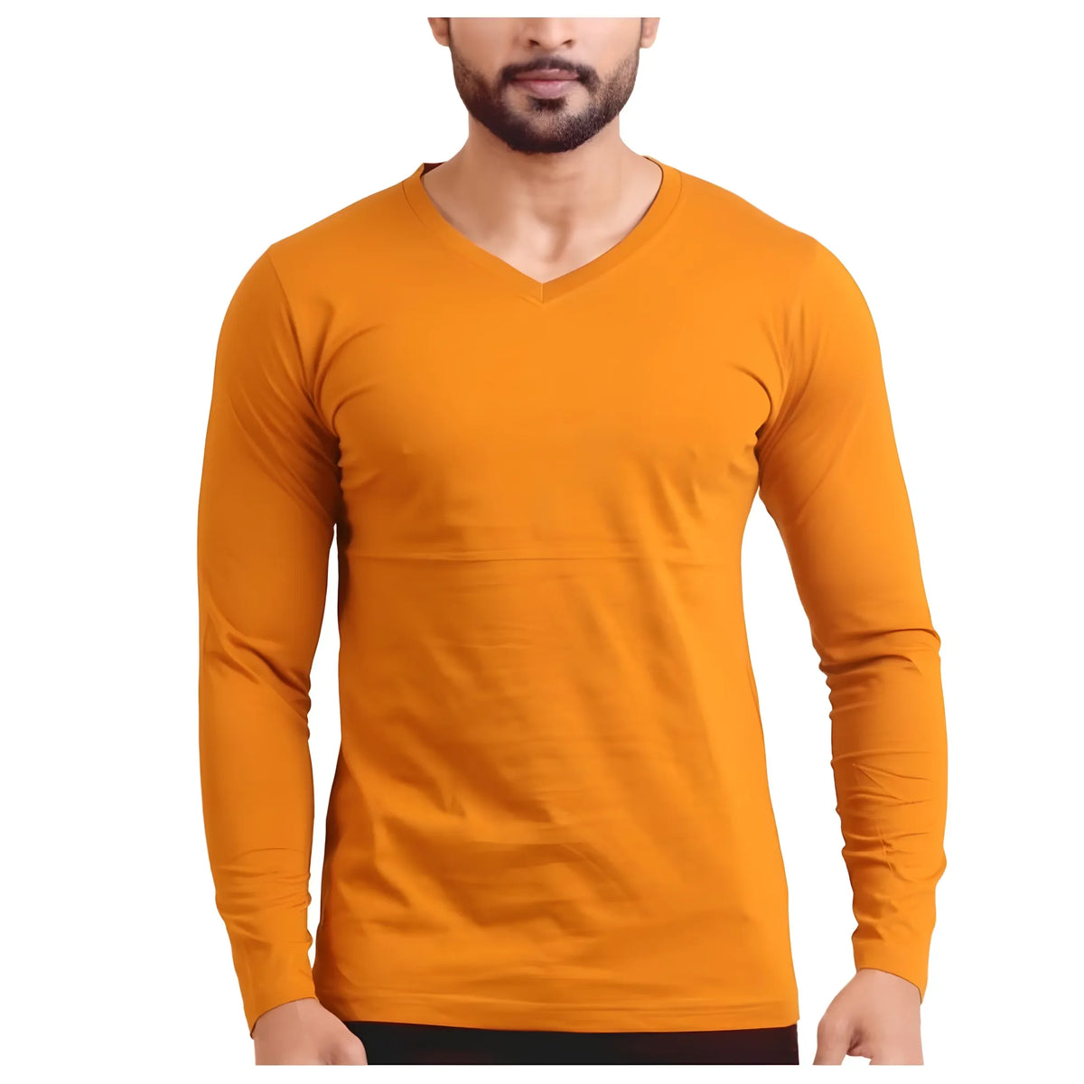 Men's Casual Cotton Solid V Neck Full Sleeve T-Shirt  (Mustard)