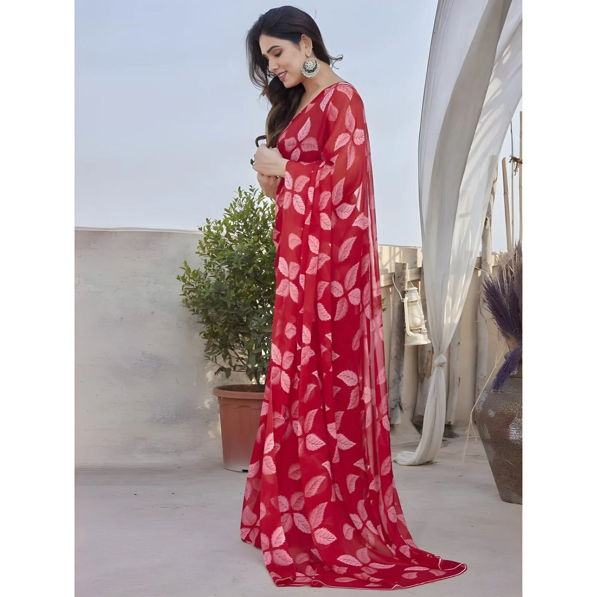 Women's Chiffon Printed Saree With Unstitched Blouse 5.5Mtr  (Red)