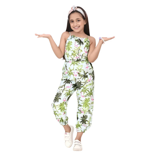 Girl's Denim Embroidered Sleeveless Jumpsuit (white Green) | Kids Signature Collection