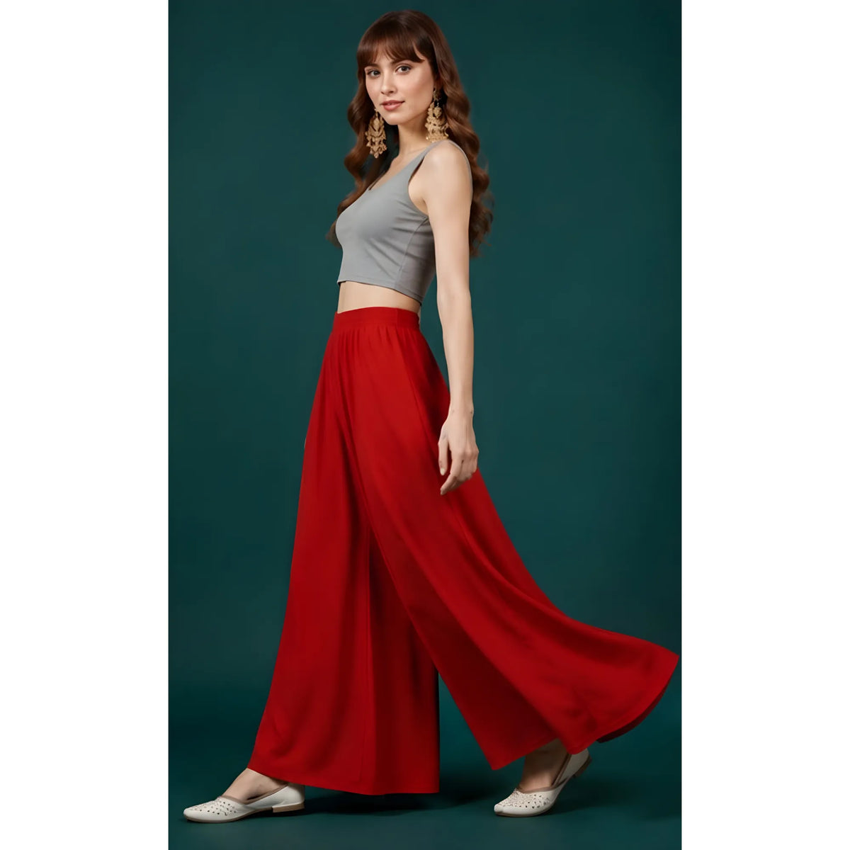 Women's Georgette Solid Mid-Rise Wide Leg Flared Palazzo with Elastic Waist (Red)