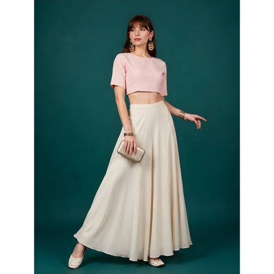 Women's Georgette Solid Mid-Rise Wide Leg Flared Palazzo with Elastic Waist (Cream)