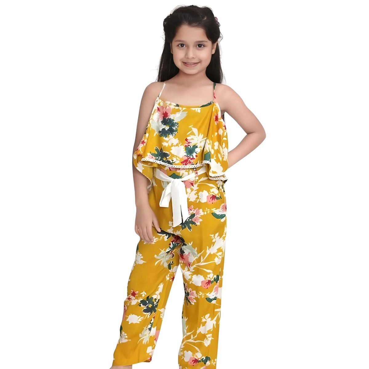 Girl's Rayon Floral Shoulder Straps Jumpsuit (mustard) | Kids Signature Collection