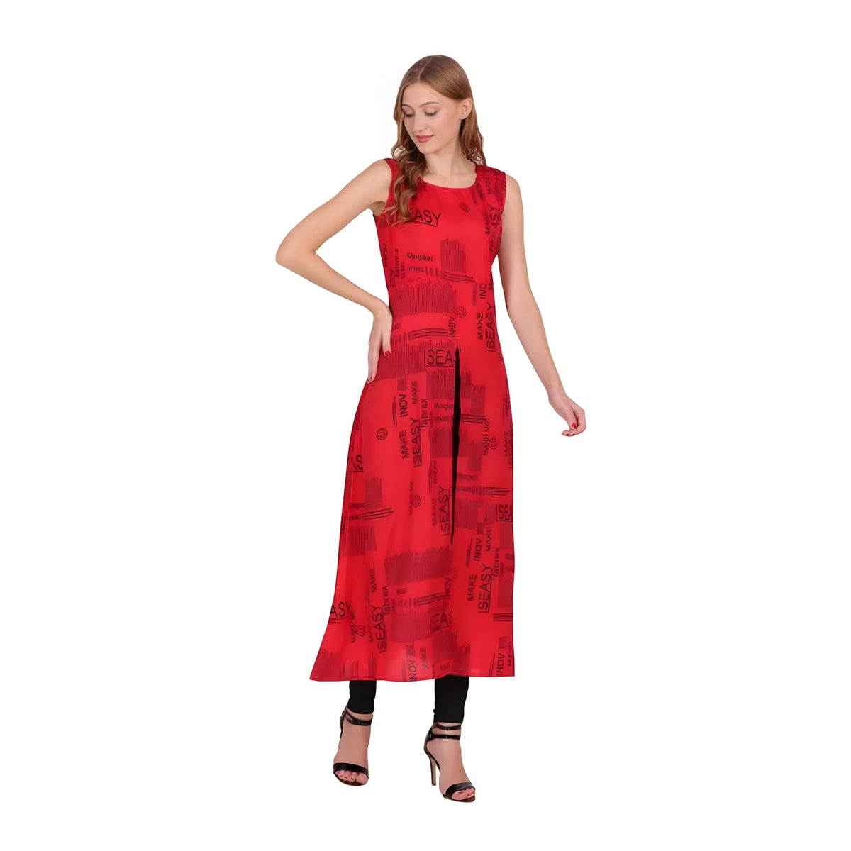 Women's Casual Crepe Sleeveless Slit Dress (Red)