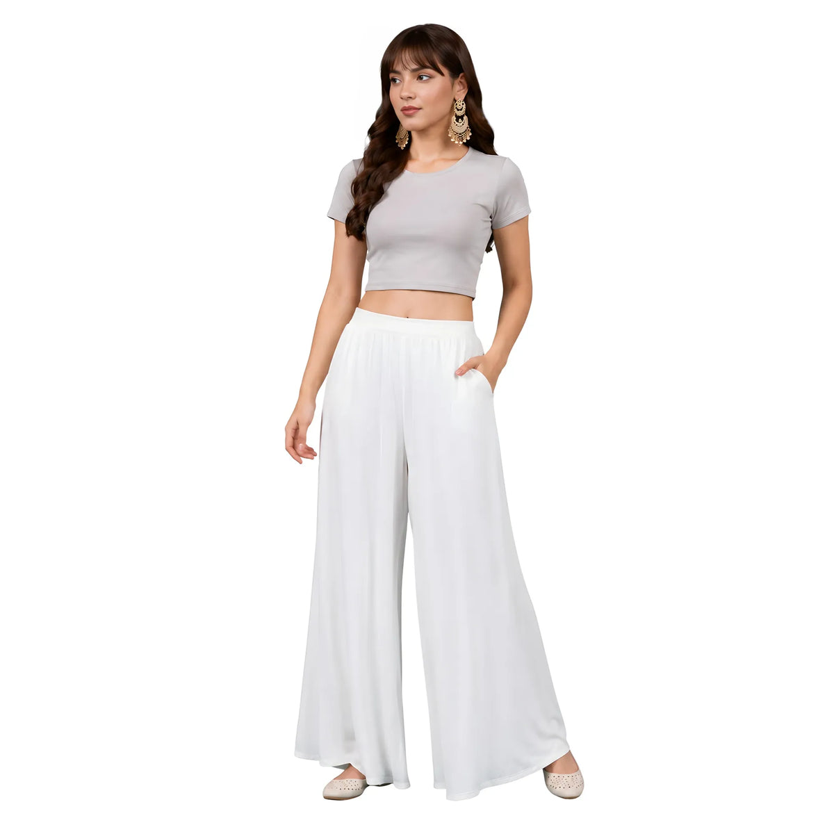 Women's Georgette Solid Mid-Rise Wide Leg Flared Palazzo with Elastic Waist (White)