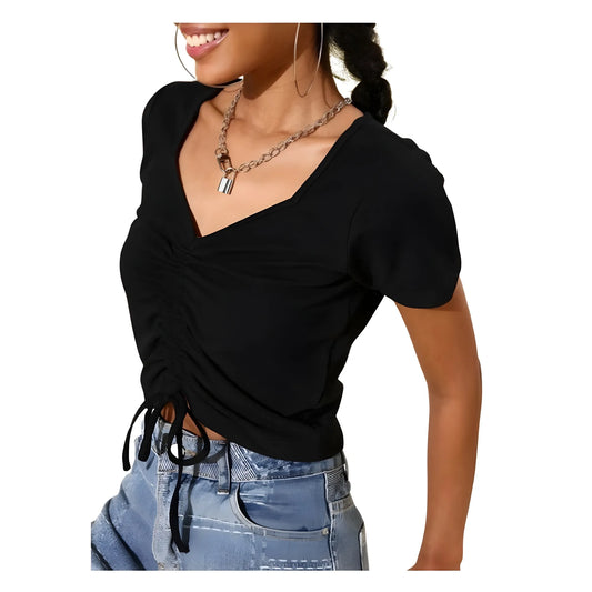 Women's Polyester Lycra Solid Short Sleeve Top (Black)