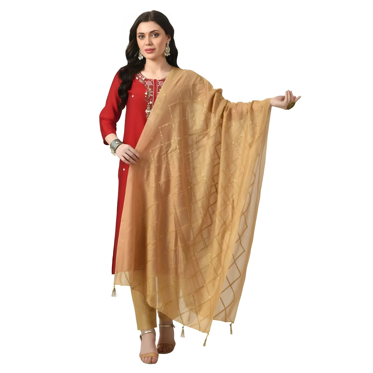Women's Chanderi Self Design Dupatta (Gold, Length:  Free Size)