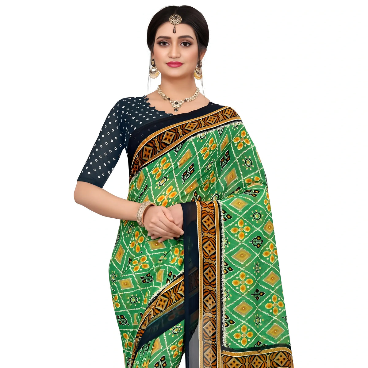 Women's Georgette Floral Print Saree With Unstitched Blouse 5.5Mtr (Light Green)