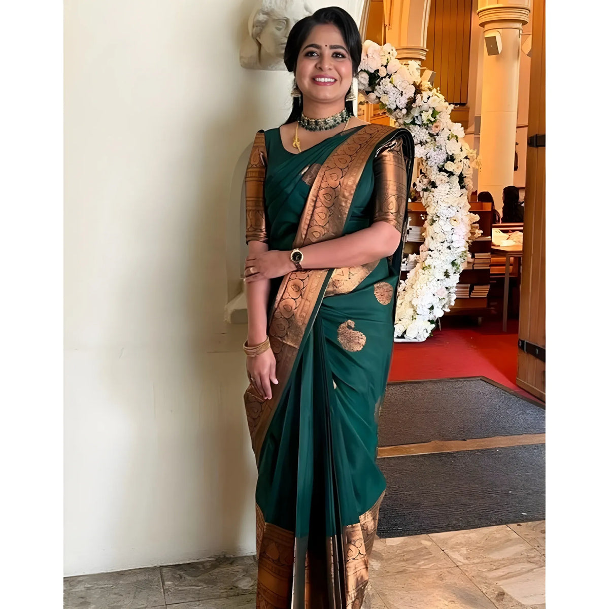 Women's Soft Lichi Silk Printed Saree With Unstitched Blouse 5.5Mtr (Green)