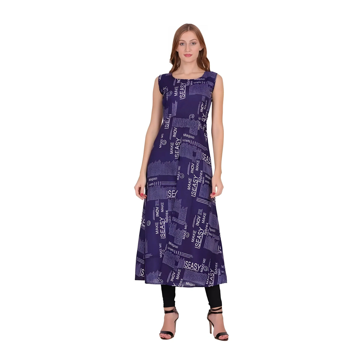 Women's Casual Crepe Sleeveless Slit Dress (Navy Blue)