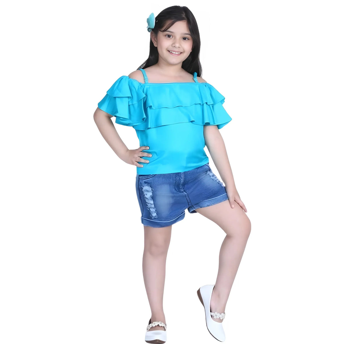 Girl's Rayon Solid Cold Shoulder Top With Shorts (blue) | Kids Signature Collection