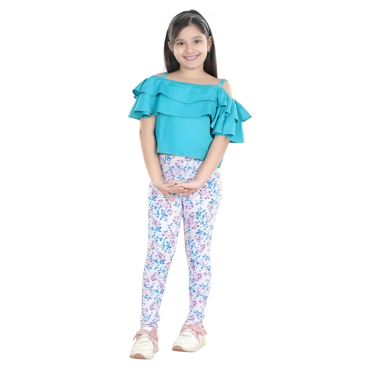 Girl's Cotton Floral Elasticated Jegging And Top Set (turquoise Blue) | Kids Signature Collection