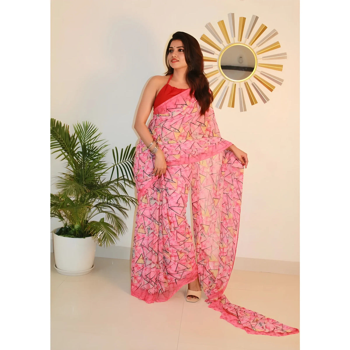 Women's Georgette Printed Saree With Unstitched Blouse 5.5Mtr (Pink)