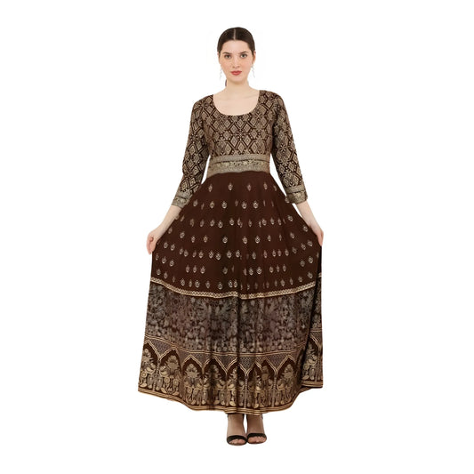 Women's Casual Rayon 3-4th Sleeves Anarkali Kurti (Brown)
