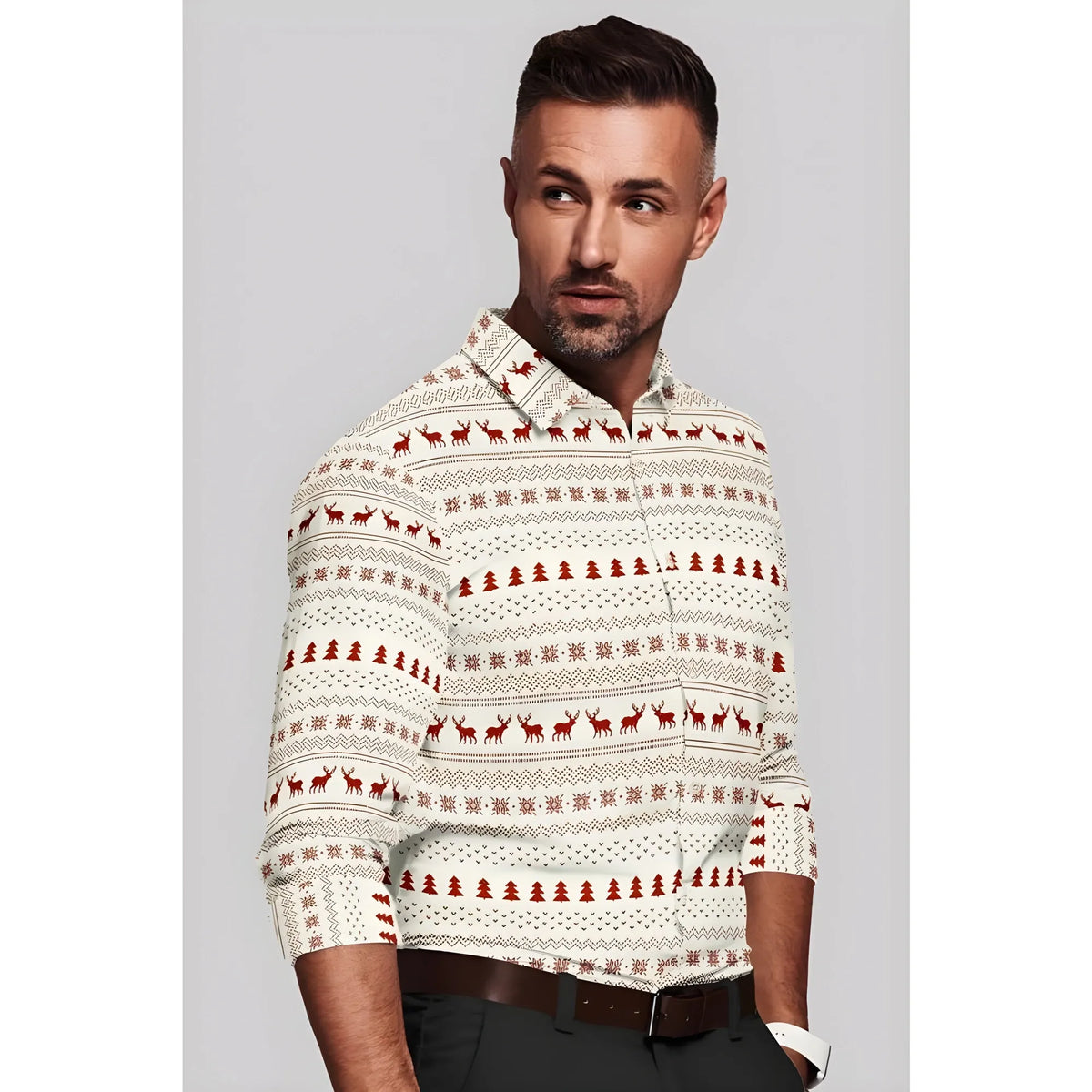 Men's Cotton Blended Printed Full Sleeve Shirt (White-Red)