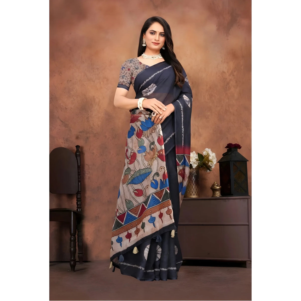 Rivana Linen Printed Saree With Unstitched Blouse