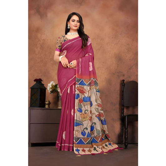 Zafira Linen Printed Saree With Unstitched Blouse