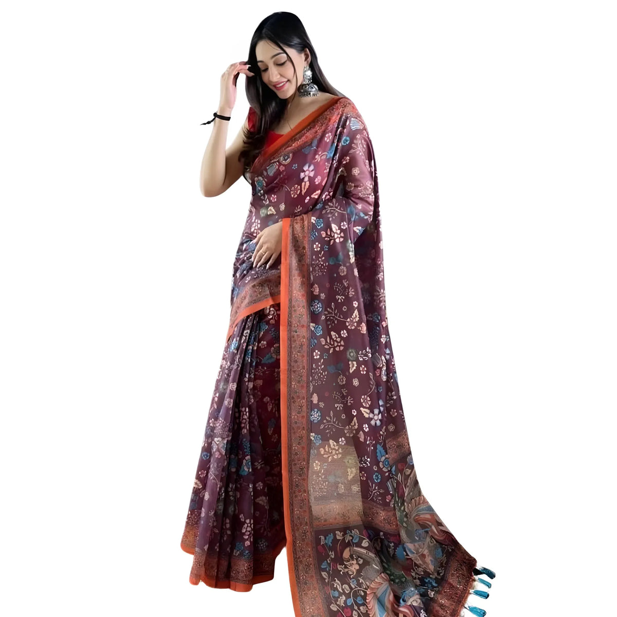 Tavira Linen Printed Saree With Unstitched Blouse