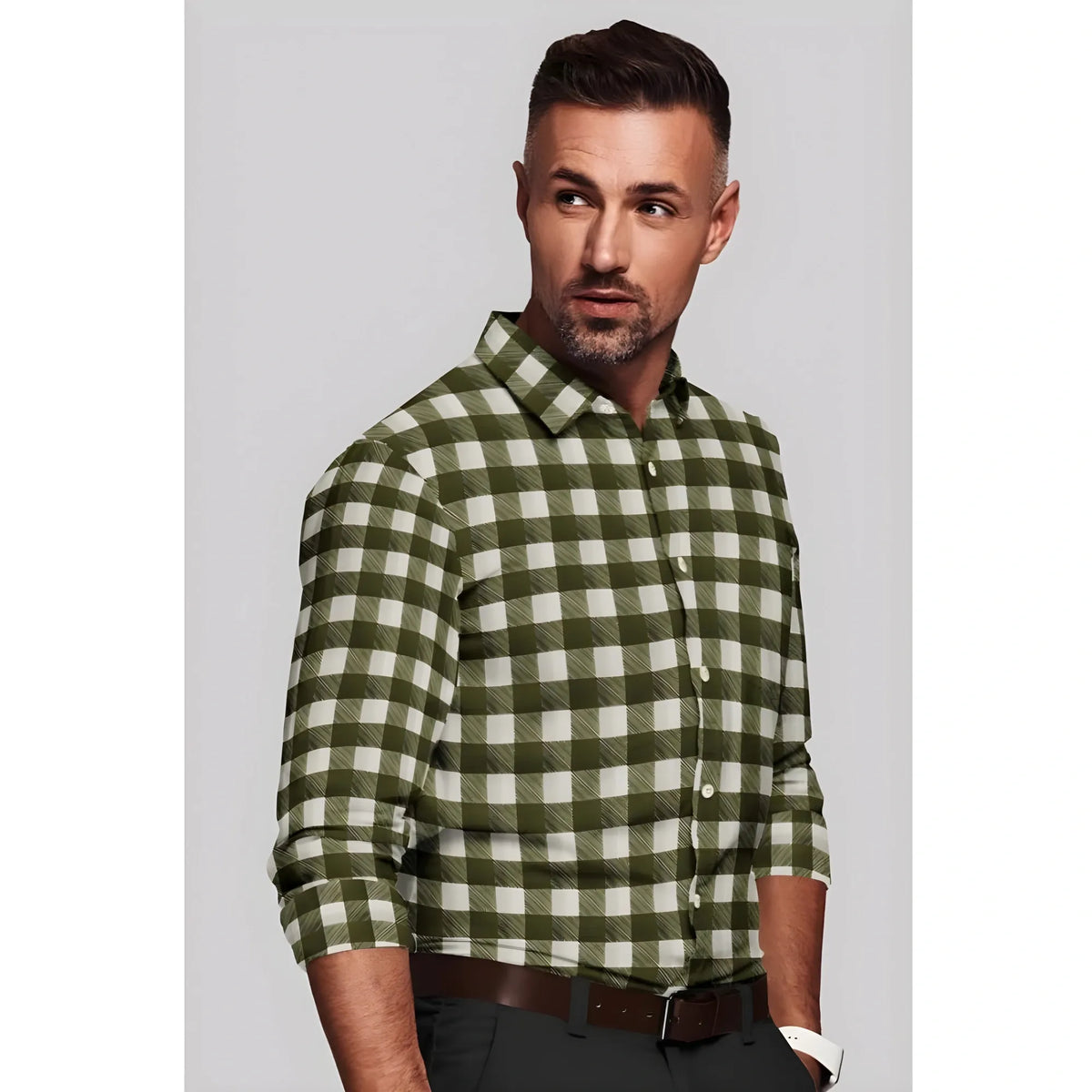 Men's Cotton Blended Checked Full Sleeve Shirt (White-Green)