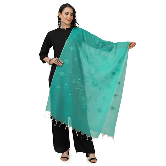 Women's Cotton Embroidered Dupatta (Turquoise, Length:  2.25 to 2.50 Mtr)