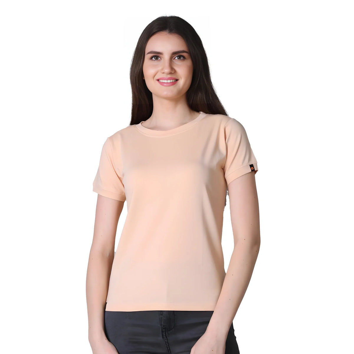 Women's Cotton Blended Solid Round Neck Half Sleeve T-Shirt (Peach)