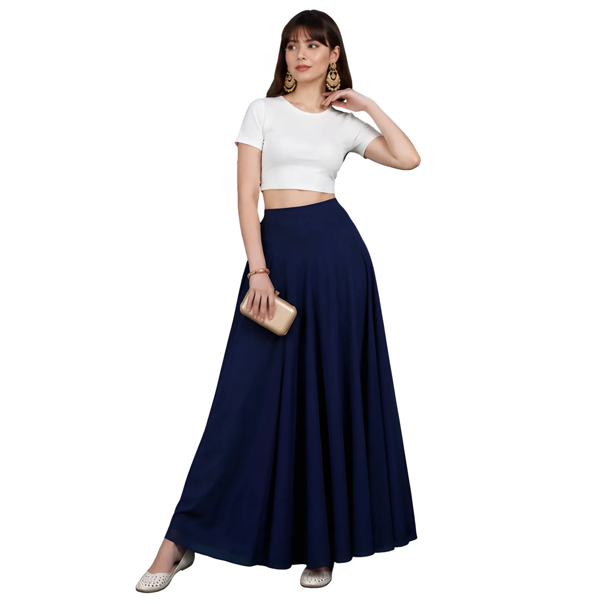 Women's Georgette Solid Mid-Rise Wide Leg Flared Palazzo with Elastic Waist (Navy Blue)